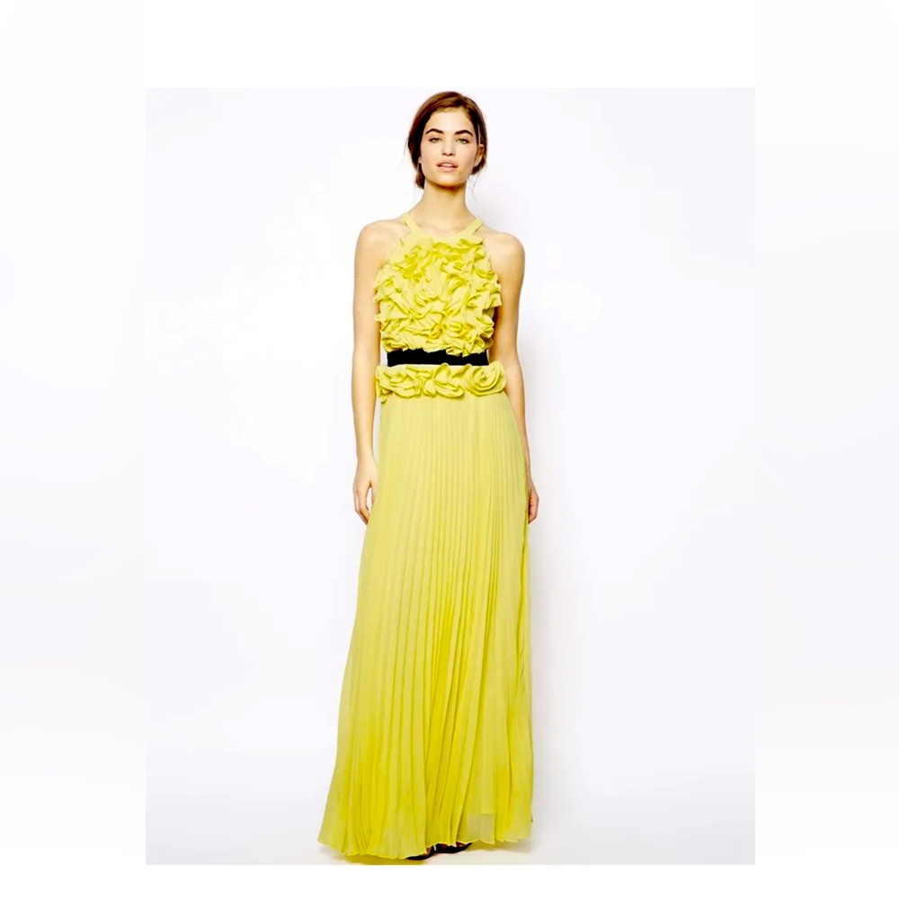 BCBG canary yellow raffle front dress with beautiful pleating